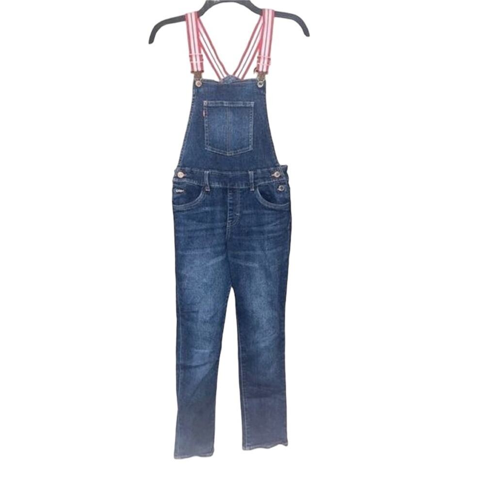 Levi’s Overalls Girls Size 14 Dark Blue Denim Striped Suspenders Bibs Trains